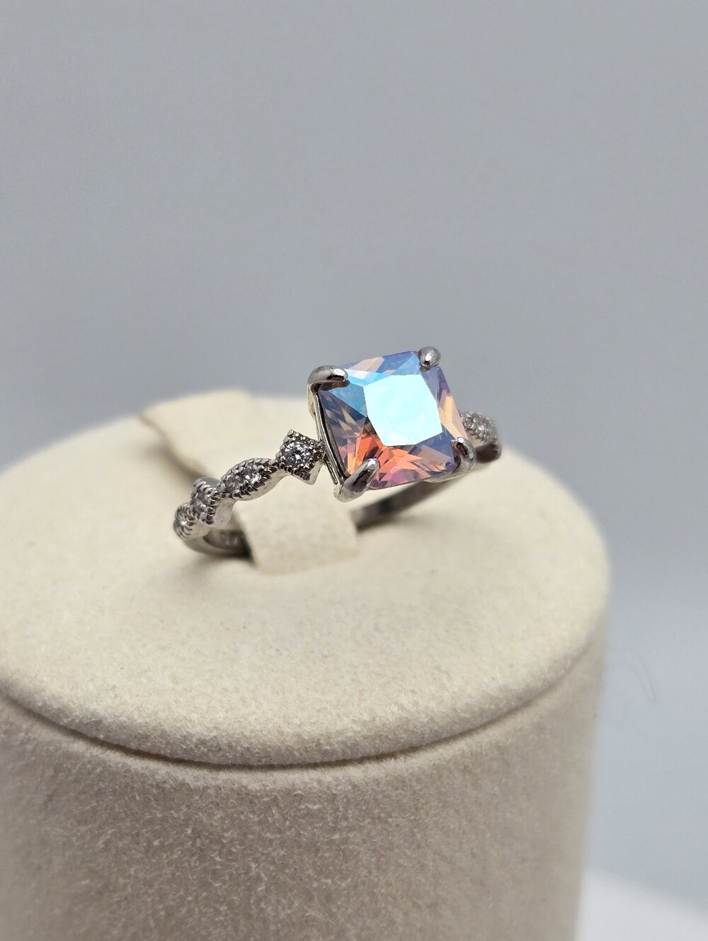 Mystic Quartz Cushion Cut Rainbow Fire Topaz Style Ring Size 5 Statement Sparkle